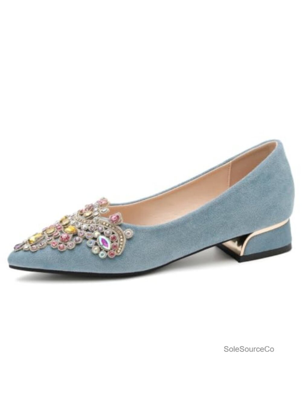 Rhinestone Pointed Toe Suede Block Heel Pumps Comfortable Wedding Party Shoes